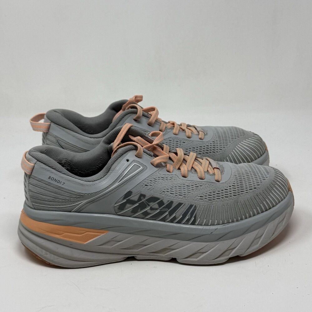 Hoka One One Bondi 7 Womens 8.5 Gray Orange Lightweight Running Shoes Sneakers